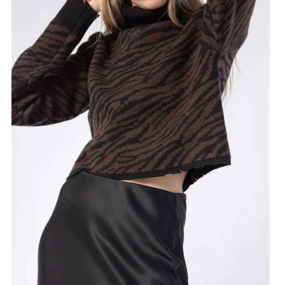 RtA Beau 100% Cashmere Turtleneck Cropped Sweater, L Black Brown Zebra Autumn